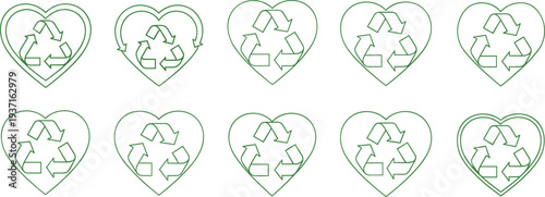 Recycling heart icon set with eco recycle arrows, environmental sustainability and green ecology symbols collection, love earth concept vector illustration