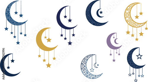 Decorative Crescent Moon and Hanging Stars Collection for Ramadan and Eid Mubarak Islamic Holiday Night Sky Ornament Vector Illustration Set