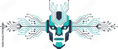 Cyborg face with circuit board design and modern tech elements