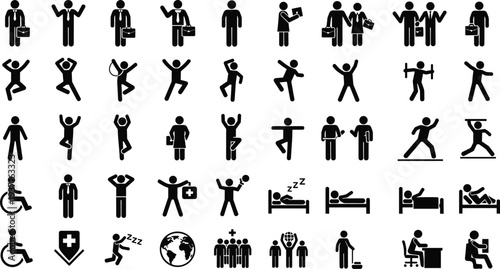 A comprehensive collection of black stick figure icons and pictograms depicting various human activities including business work medical care sleeping disability and physical exercise.