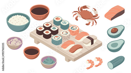 Isometric illustration of sushi set with ingredients on white background