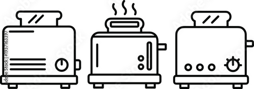 Minimal toaster line icon collection with steam modern kitchen appliance outline vector set for breakfast equipment and home cooking design