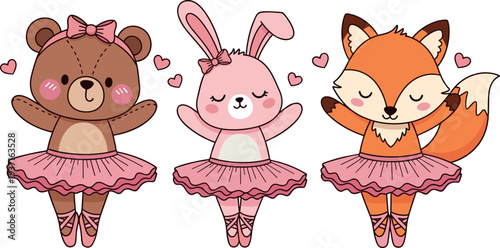 Cute cartoon ballerina animals set featuring teddy bear, bunny and fox wearing pink ballet tutus, adorable dancing characters illustration for kids design, nursery decor, stickers and children themes