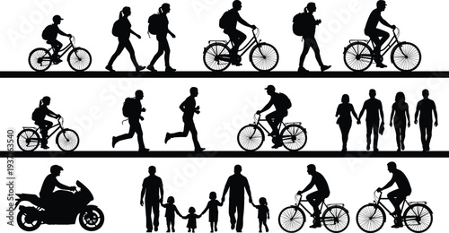 People walking, running and cycling silhouettes set isolated on white background, active lifestyle illustration featuring commuters, families, cyclists and joggers representing daily urban movement