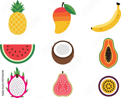 Tropical Fruit Icon Set Vector Illustration Featuring Pineapple, Mango, Banana, Watermelon, Coconut, Papaya, Dragon Fruit, Guava, and Passion Fruit for Healthy Food Design