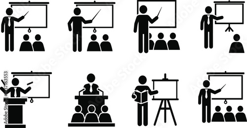 Black and white icon collection of eight educational and presentation scenarios showing teachers, speakers, and presenters eng, andprofess
