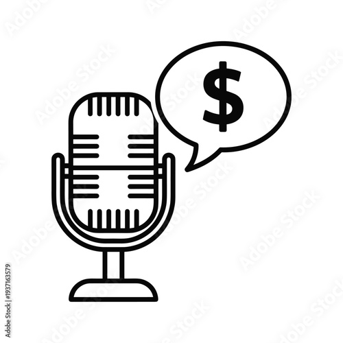 Microphone icon with a dollar sign speech bubble symbolizing monetization or podcast sponsorships