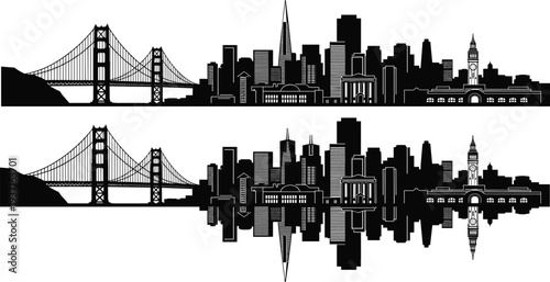 San Francisco skyline silhouette with Golden Gate Bridge and modern downtown buildings, detailed cityscape reflection vector illustration isolated on white background urban architecture