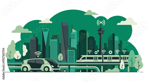 Smart city concept with autonomous car, train, and modern urban landscape