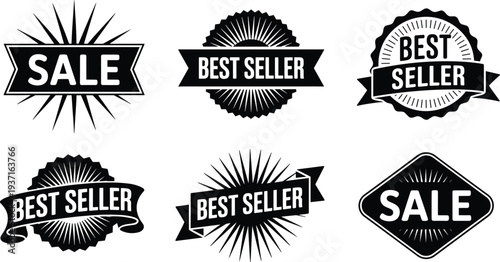 Collection of Six Black and White Vector Badges with Best Seller and Sale Text for Retail Marketing Promotion and Commercial E-commerce Discount Design