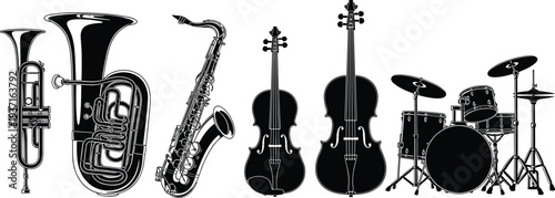 Silhouette collection of musical instruments including trumpet, tuba, saxophone, violins and drum set isolated on white background for orchestra, band, music education and design
