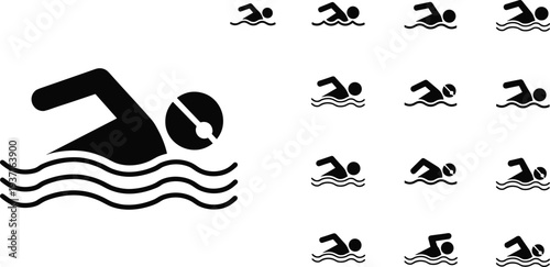 Black silhouette icon collection of freestyle swimming strokes showing swimmer with arm extended and stylized water waves, representing sports, fitness, training, and instructional graphics.