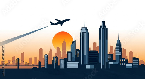 Silhouette of Modern City Skyline with Sunset.