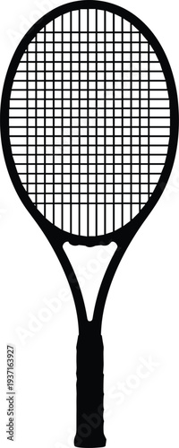 Tennis racket silhouette isolated on white background, sports equipment illustration representing tennis game, athletic gear, professional racket design for sport, training, competition and recreation