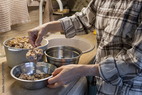 person feeds the dogs with food from a pot. woman cooked porridge with meat for her pets. dogs get ready to eat and watch owner. taking care of pets, hungry dogs.