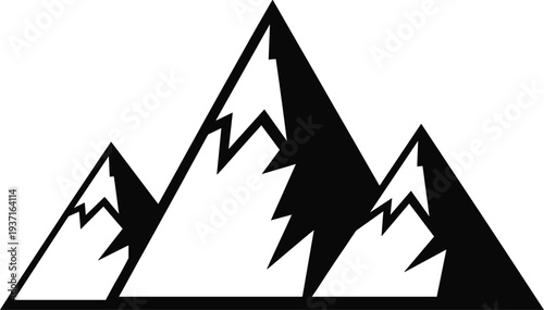Black and White Graphic Illustration of Stylized Triple Mountain Peaks with Snow Caps and Sharp Shadows Isolated on White Background for Adventure Design