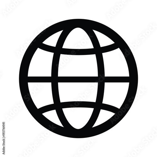 A stylized black and white globe with grid lines representing earth's longitude and latitude.