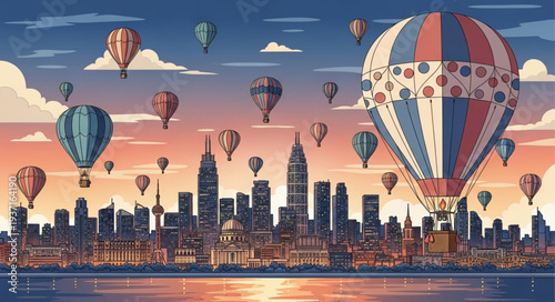 Colorful Hot Air Balloons Floating Over City Skyline.