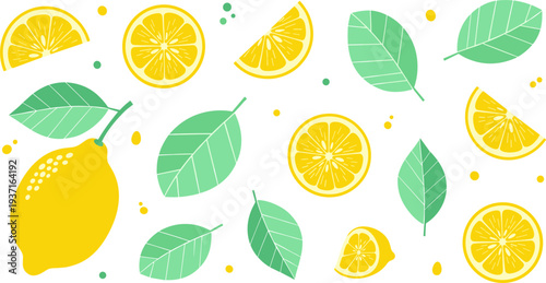 Lemon Fruit Seamless Pattern with Citrus Slices and Green Leaves for Fresh Summer Background, Healthy Food Packaging and Organic Juice Design
