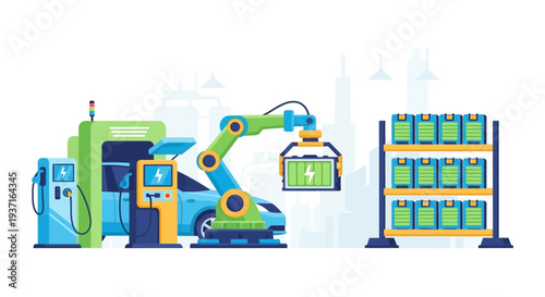 Automated EV Battery Swapping, Charging, and Energy Storage Infrastructure Illustration