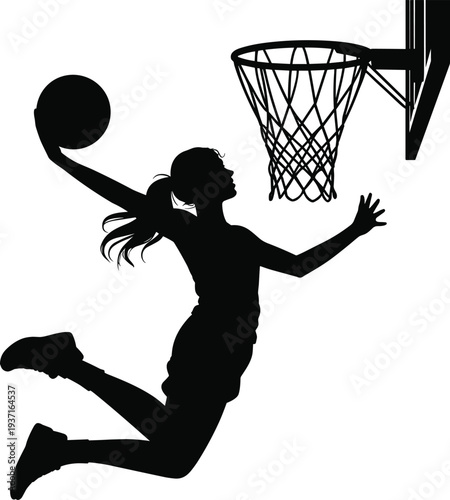 Silhouette illustration of basketball player performing slam dunk, showing dynamic motion, athletic strength, sports competition, fitness, energy, and exciting basketball action near hoop.