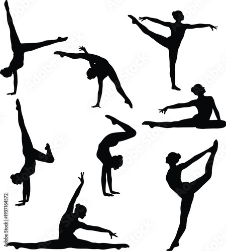 Silhouette illustration of eight athletes performing gymnastics and dance poses, showcasing flexibility, balance, strength, artistic movement, fitness, and dynamic human expression in motion.