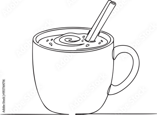 Hot beverage mug with cinnamon stick continuous one line drawing minimalist outline illustration frothy winter drink in one line art style with editable stroke vector.