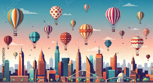 Colorful Hot Air Balloons Flying Over City Skyline.