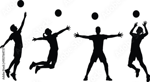 Silhouette illustration of four athletes playing volleyball, showing dynamic motion, teamwork, energy, fitness, competition, and sports action with ball interaction above the net