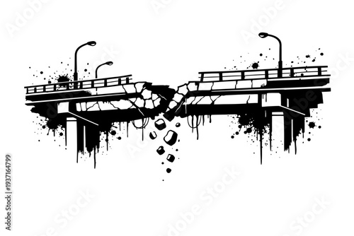 Damaged broken bridge with streetlights and splattered paint illustration artwork