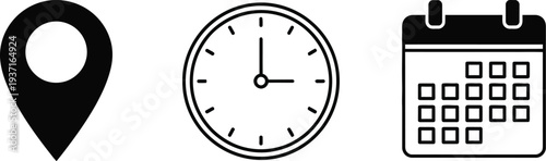 date time location notification icon set. Address, time, calendar bell notification icons collection. Clock, Address location and date Calendar symbol