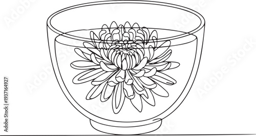 Blooming flower tea cup continuous one line drawing minimalist outline illustration herbal floral infusion in one line art style with editable stroke vector.