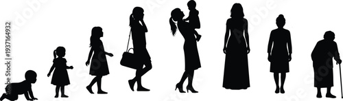 Silhouette illustration showing stages of woman’s life from infancy to elderly age, concept of human growth, aging process, family, motherhood, and generational journey.