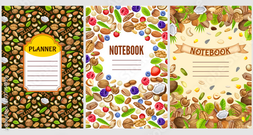Set covers for notebooks with nuts and forest berries. Design of children and garden books, brochures, templates for school diaries. Vector patterns copybook of cashew, brazilian, coconut, cedar.