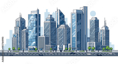 Modern City Skyline with Tall Skyscrapers and Urban Architecture.