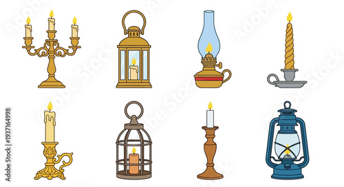 Collection of vintage lighting candlesticks lanterns and a single candle