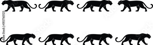 "Silhouette panthers walking in sequence, black vector animal illustration showing motion frames, wildlife design for nature, jungle creatures, animation pattern, and artistic decorative artwork
