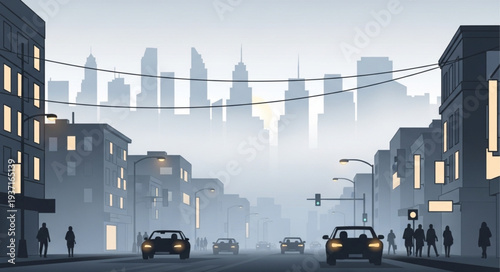 Urban City Street Scene with Modern Buildings and Vehicles.