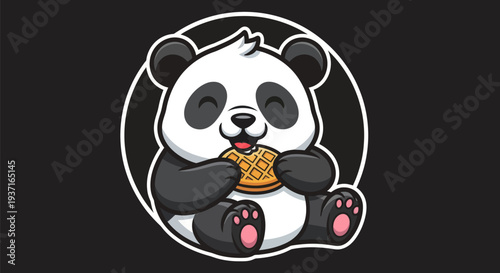 Cartoon panda eating waffle on black background