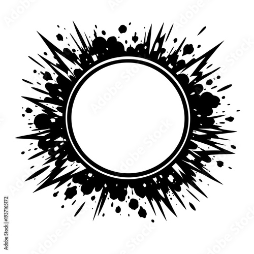 Black grunge ink splatter frame with circular border on white background for text and design