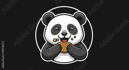 Cartoon panda eating waffle on black background