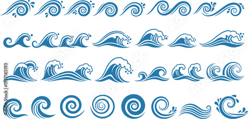 Ocean wave swirl icon mega collection blue water splash symbols surfing sea tide elements nautical vector illustration set