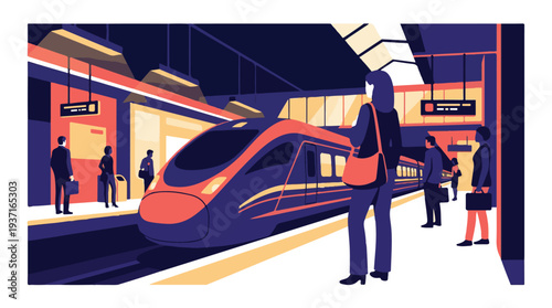 Modern high-speed train arriving at station with passengers on platform