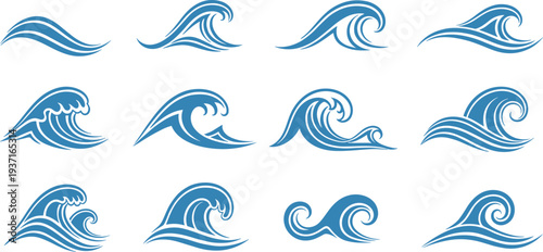 Ocean wave icon collection blue water splash symbols surfing sea tide elements nautical design vector illustration set