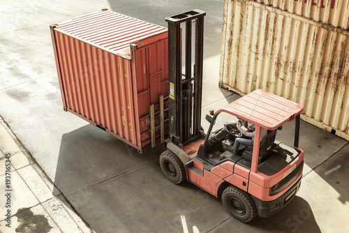 A forklift moves a shipping container at a warehouse site