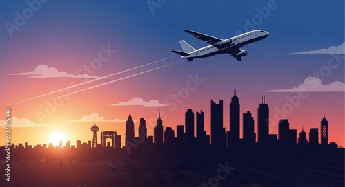 Airplane Flying Over City Skyline During Sunset.