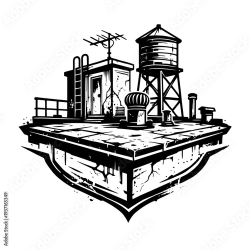 Industrial rooftop scene with water tower and various structures in black and white illustration style