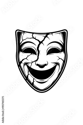 A black and white illustration of a cracked comedy mask with a wide smile on a white background