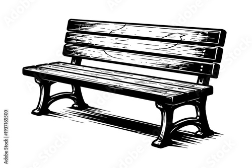 A black and white illustration of a wooden park bench with metal legs, isolated on a white background, showcasing a simple yet elegant design.