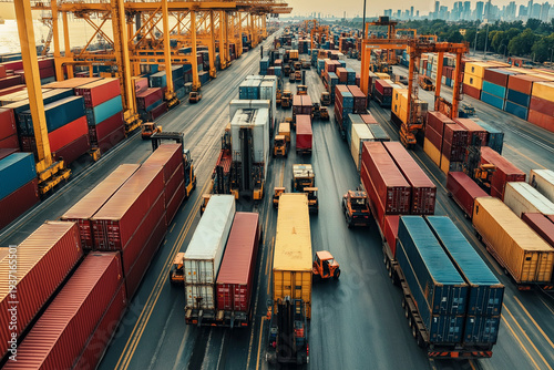 Container terminal of the seaport with loaders and trucks